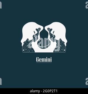 Gemini. Zodiac sign design. Zodiac design with star grid. Abstract gemini design. Signs with texts in Latin. Stock Vector