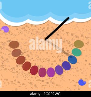 Vector illustration of a simple sundial by the sea. Wand and rainbow stones. Sand and waves. The shadow shows the time. Stock Vector