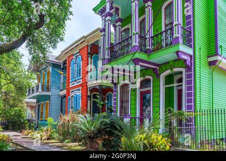Esplanade Avenue in New Orleans, historic residential street lined with 19th century homes, colorful houses and bed and breakfasts. Stock Photo