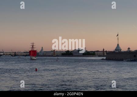 A ship with scarlet sails on the Neva. Stock Photo