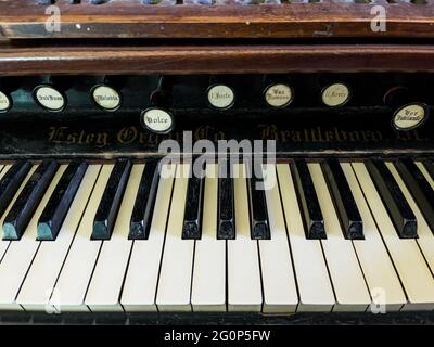 Borovnicka, Czech republic - May 15, 2021. Renovated old german harmonium Stock Photo