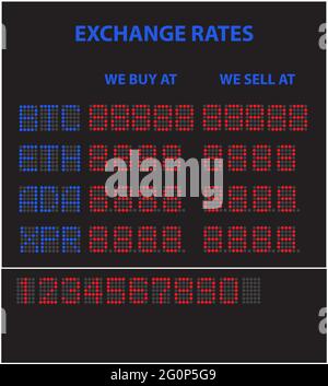 Digital scoreboard with cryptocurrency rates. Bitcoin, Ethereum, Cordana and Ripple cryptocurrency exchange board with cryptocurrency signs with light Stock Vector