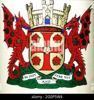 Carlisle, town coat of arms, St. Cuthbert's Church, winged griffon, griffons, red rose, Cumbria, England, UK