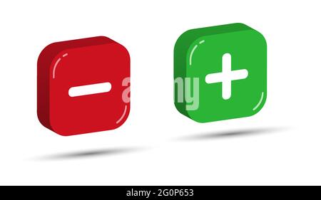 Red and green three-dimensional square buttons with plus and minus symbols. Simple design. Stock Vector