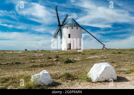 Typical windmill in Campo de Criptana, Spain, on Don Quixote Route, based on a literary character, it refers to the route followed by the protagonist Stock Photo