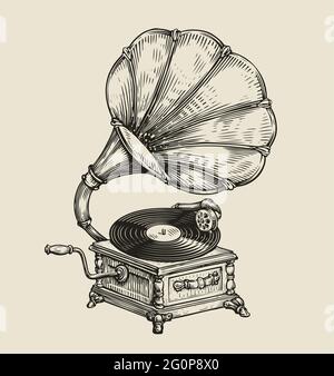 Musical record gramophone in vintage engraved style. Hand drawn sketch vector illustration Stock Vector