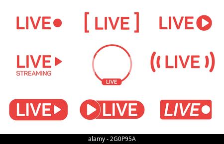 Set of live streaming icons. Red symbols and buttons of live streaming, broadcasting, online stream. Vector illustration. Stock Vector