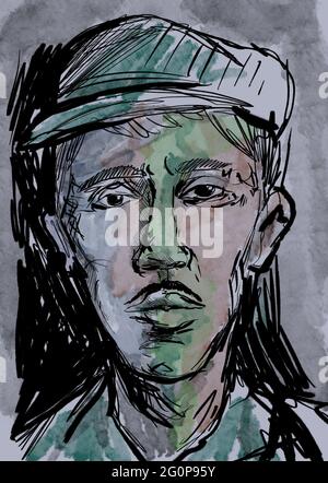 sketch portrait of a man in a hat character design Stock Photo