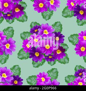 seamless pattern of primrose flowers on a light green background Stock Vector