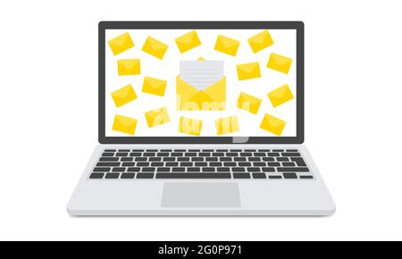 Spamming mailbox concept, a lot of emails on the screen of a monitor. Email box hacking, spam warning. Vector Illustration. Stock Vector