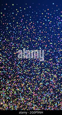 Festive breathtaking confetti. Celebration stars. Colorful stars dense on dark blue background. Great festive overlay template. Vertical vector backgr Stock Vector