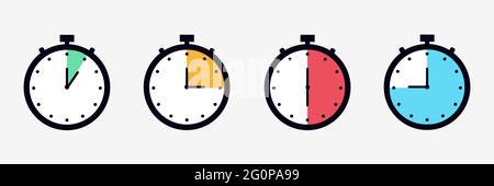 Set of timer and stopwatch icons. Kitchen timer icon with different minutes. Cooking time symbols and labels. Stock Vector