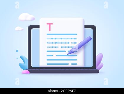 Editable online document concept.  Creative writing, storytelling, copywriting, online education. 3d  vector illustration. Stock Vector