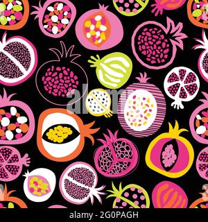 Pomegranate fruit halves seamless vector pattern. Hand drawn illustration texture background in modern abstract flat style for fabric, summer decor Stock Vector