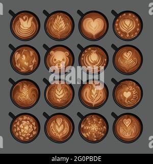 Hand drawn vector illustration doodles of cups of coffee with latte foam art, top view isolated on a grey background. Stock Vector