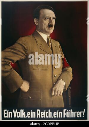 A vintage Nazi propaganda poster with a portrait of Hitler and the slogan One People, One State, One Leader (Ein Volk, Ein Reich, Ein Führer) Stock Photo