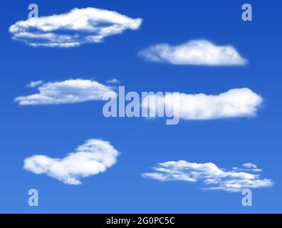 Realistic 3D white clouds on blue background. vector illustration Stock Vector
