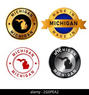 Michigan badges gold stamp rubber band circle with map shape of country states America Stock Vector