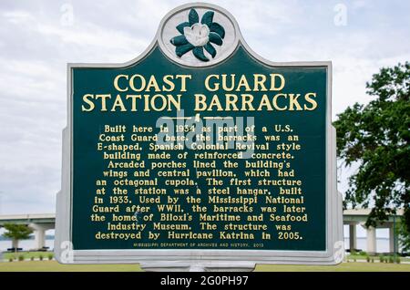 A historic marker stands on the former site of the U.S. Coast Guard barracks at Point Cadet, May 29, 2021, in Biloxi, Mississippi. Stock Photo