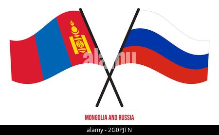 Mongolia and Russia Flags Crossed And Waving Flat Style. Official Proportion. Correct Colors. Stock Vector