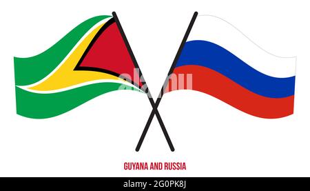 Guyana and Russia Flags Crossed And Waving Flat Style. Official Proportion. Correct Colors. Stock Vector
