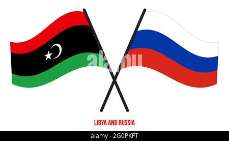 Libya and Russia Flags Crossed And Waving Flat Style. Official Proportion. Correct Colors. Stock Vector