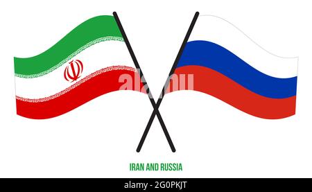 Iran and Russia Flags Crossed And Waving Flat Style. Official Proportion. Correct Colors. Stock Vector