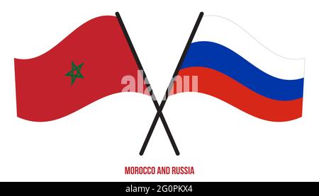 Morocco and Russia Flags Crossed And Waving Flat Style. Official Proportion. Correct Colors. Stock Vector