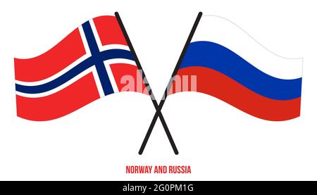 Norway and Russia Flags Crossed And Waving Flat Style. Official Proportion. Correct Colors. Stock Vector