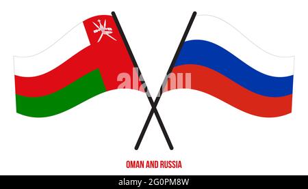 Oman and Russia Flags Crossed And Waving Flat Style. Official Proportion. Correct Colors. Stock Vector