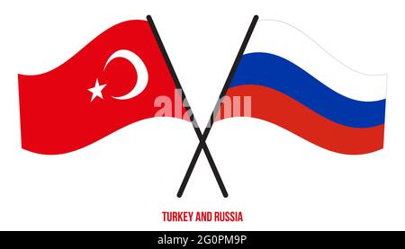 Turkey and Russia Flags Crossed And Waving Flat Style. Official Proportion. Correct Colors. Stock Vector