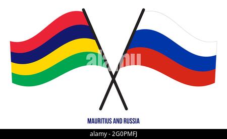 Mauritius and Russia Flags Crossed And Waving Flat Style. Official Proportion. Correct Colors. Stock Vector
