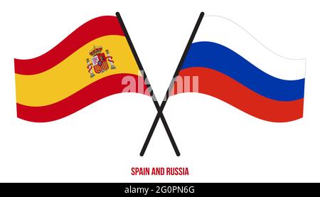 Spain and Russia Flags Crossed And Waving Flat Style. Official Proportion. Correct Colors. Stock Vector