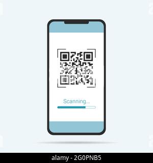 Flat design illustration of touch screen smartphone. QR code scanner with scanning text - vector Stock Vector