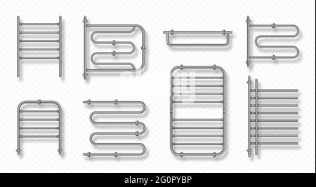 Towel heater rail warmer, coil dryer bathroom accessories. Metal chrome radiators for drying wet clothes isolated on transparent background, steel bath room design elements Realistic 3d vector set Stock Vector