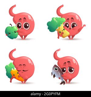 Cute stomach character with healthy food, fruit, vegetables and fish. Human gastric with good products. Vector set of cartoon digestive organ with apple, broccoli and carrot Stock Vector