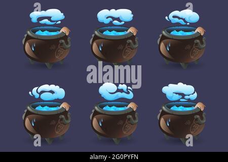 Witch cauldron with blue boiling magic potion, hand and smoke. Old cooking boiler with drawn scary devil face, brew and steam. Vector cartoon sprite sheet for animation Stock Vector