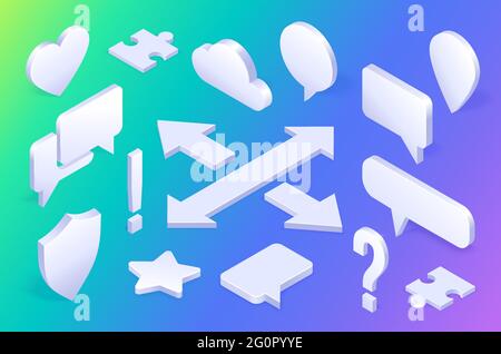 Isometric icons navigation pin, shield, cloud, speech bubbles and question mark, crossed arrows, rate stars, and heart. Computer security, messenger or map application isolated 3d vector signs set Stock Vector