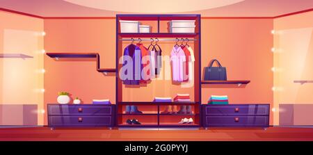 Modern walk in closet with men clothes and shoes on wardrobe shelves, hangers with shirts and coats. Vector cartoon interior of empty cloakroom for apparel storage and dressing with big mirrors Stock Vector