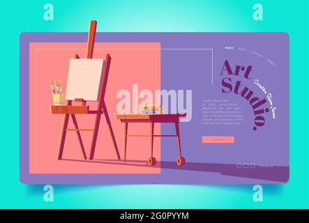 Art studio website. Workshop for painters, drawing education. Vector landing page of artist class with cartoon illustration of wooden easel with canvas, brushes and pencils Stock Vector