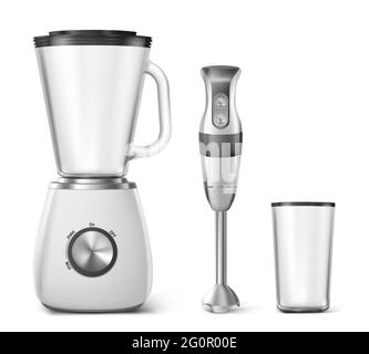 Hand blender, food processor and clear plastic glass. Electric kitchen machine for blend juice, soup and smoothie. Vector realistic set of 3d immersion mixer and empty transparent jar Stock Vector