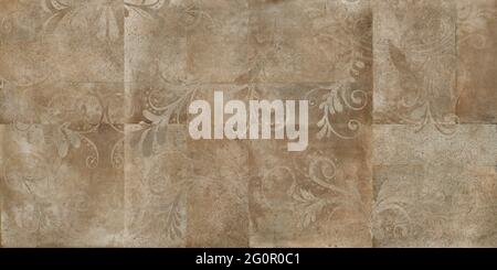 brown color stone design with floral texture vintage effect ceramic wall tiles use Stock Photo