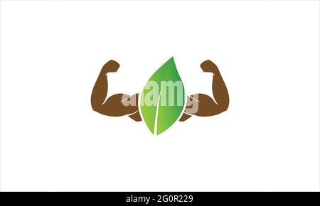 strong arm muscle  and leaf icon illustration for healthy vitamin food  logo design Stock Vector