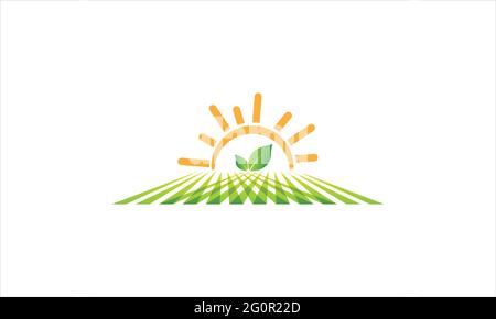 Sunrise with  Green Farm Field icon logo design vector template illustration Stock Vector