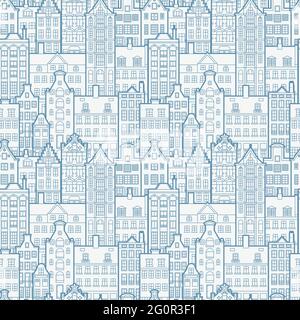 Seamless pattern of an old European city. Holland houses facades in the traditional Dutch style. The Decorative Architecture of Amsterdam. Background Stock Vector