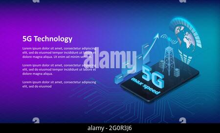 5G internet technology banner template with isometric phone on blue background and copy space. Up arrow with percentage bars and signal tower. Stock Photo