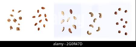 healthy food concept - nuts (brazil nut, cashew, almond, walnut, hazel-nut) pouring against white background Stock Photo