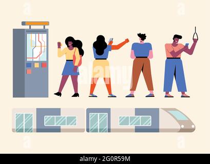 people and subway set icons characters Stock Vector