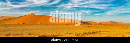 Panorama at Sossusvlei with the large orange sand dunes in the Namib Desert, Namibia Stock Photo