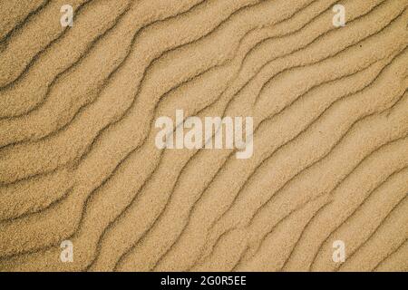 Sandy waves abstract textured background, windy day on the beach, pattern, close up view from above, copy space for text Stock Photo